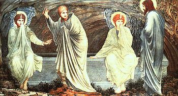 Dos ángeles (u hombres con vestiduras deslumbrantes), Cristo resucitado y una de las mujeres -el evangelio de Juan especifica que María Magdalena- son representados en La mañana de la Resurrección, de Edward Burne-Jones, 188