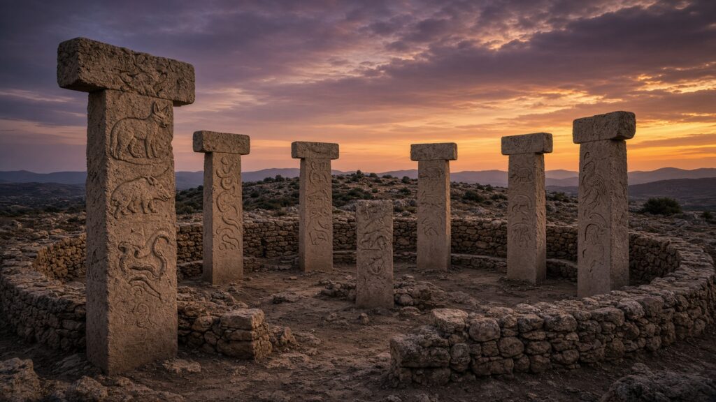 Pilares de piedra en forma de T de Göbekli Tepe al atardecer