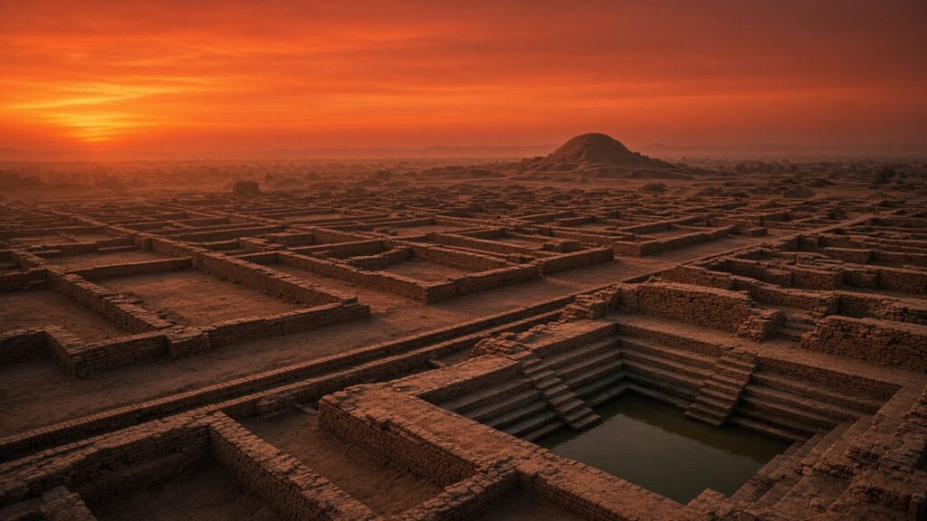 Ruinas de ladrillo de Mohenjo-Daro al atardecer