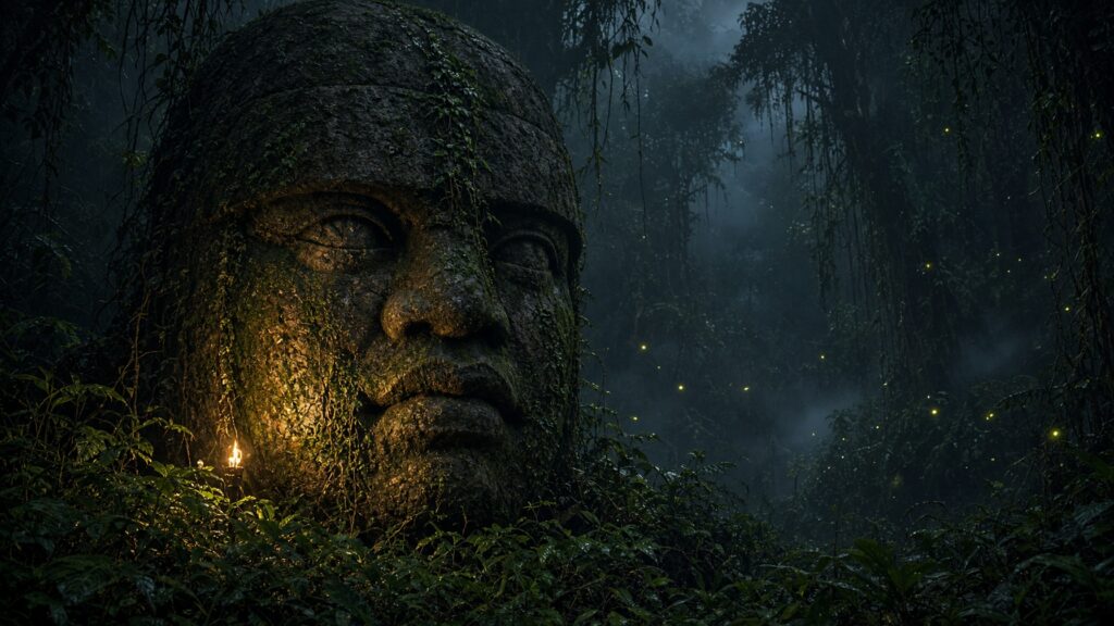 Cabeza colosal olmeca cubierta de vegetación en la selva