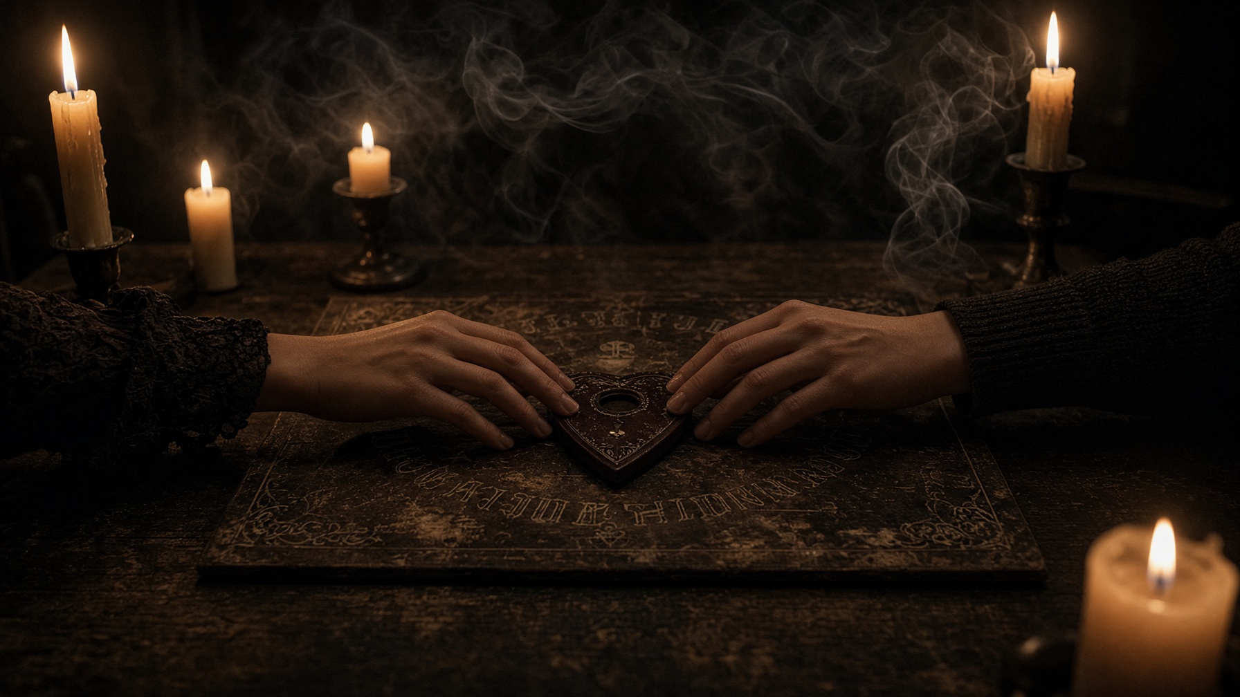 Tablero de ouija iluminado con velas
